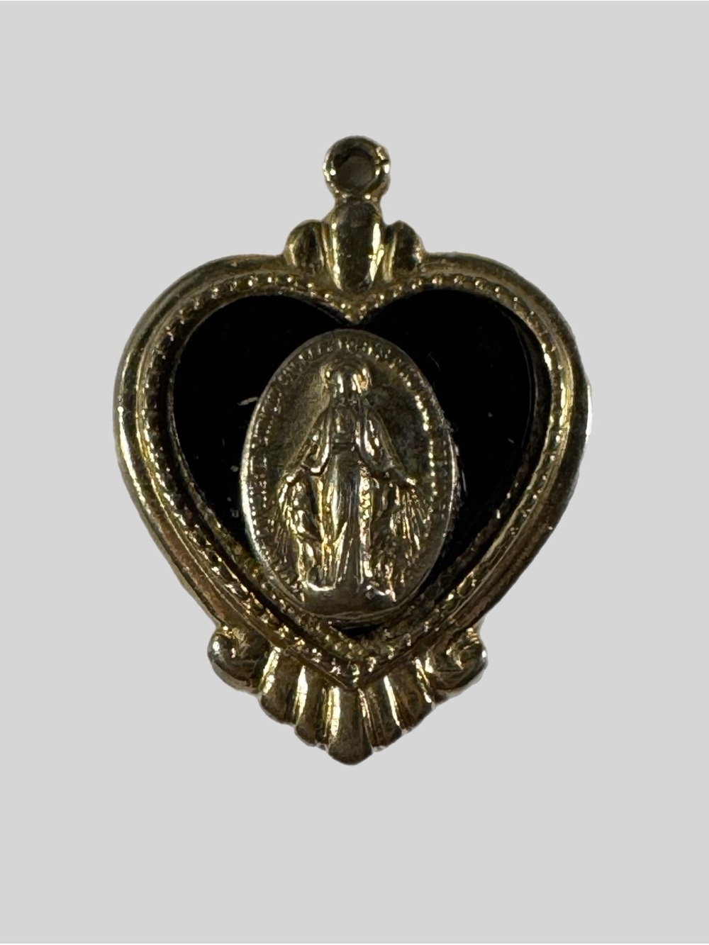 Vintage Gold Tone Enamel Heart Miraculous Medal Blessed Virgin Mary Pendant EUC